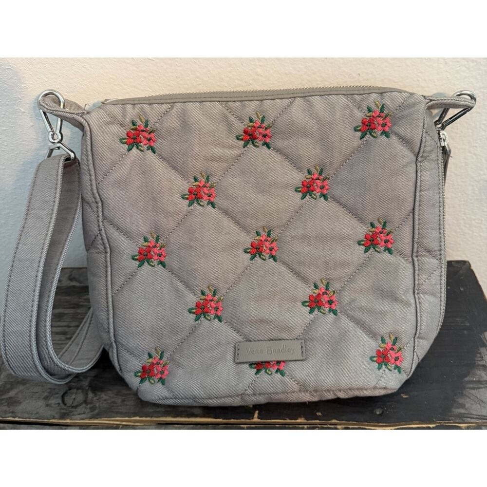 Vera Bradley ReActive Quilted Crossbody Bag Gray Floral Embroidered